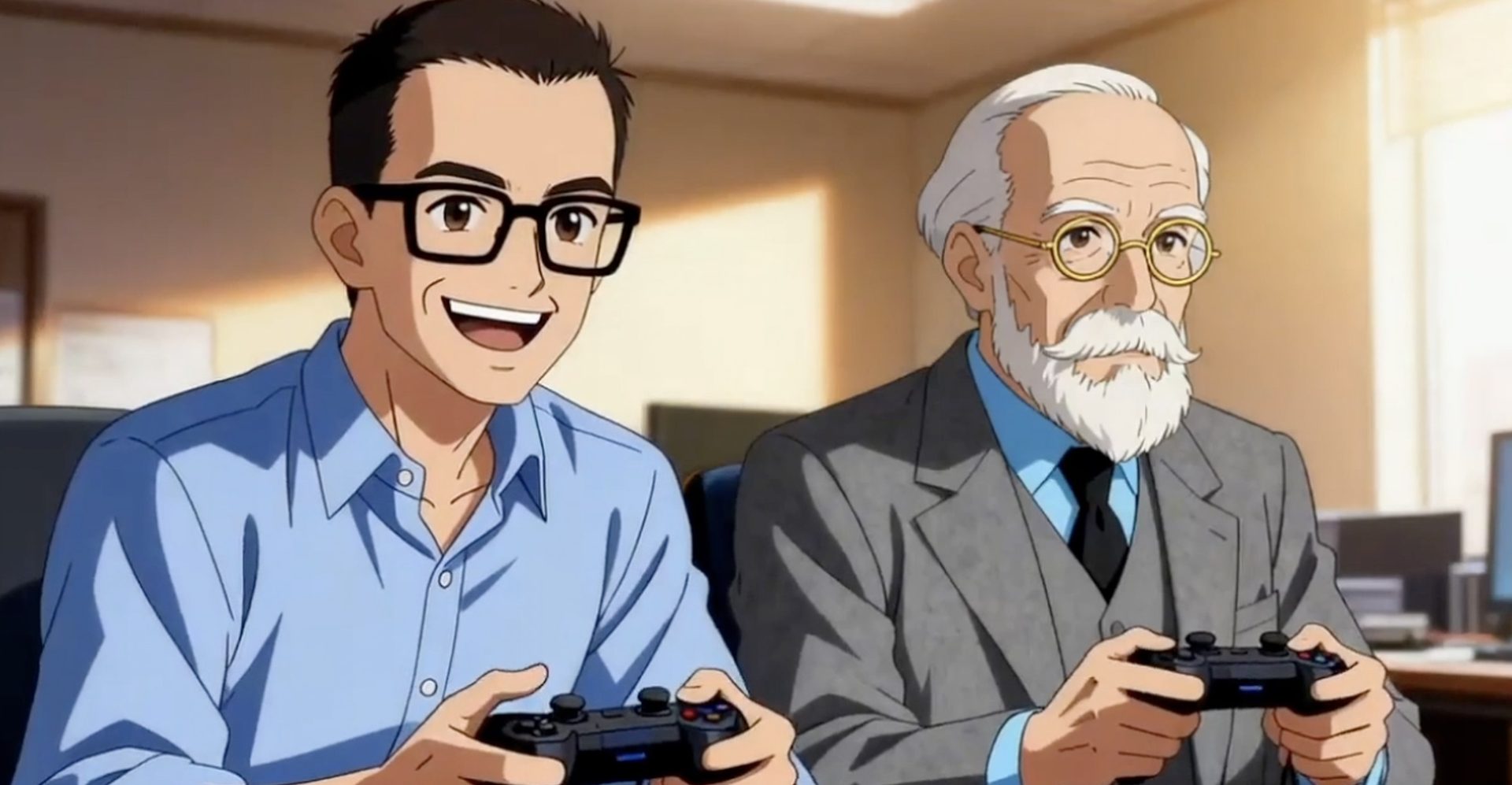 Psiquiatra Gamer, dois personagens de anime jogando videogame juntos, um deles no estilo de um velho psicanalista