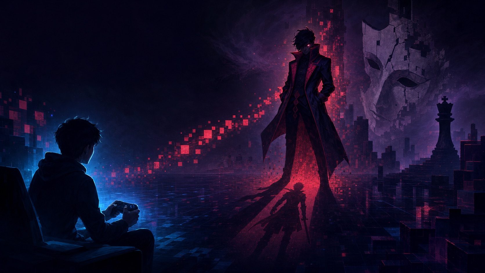 Ilustração: um jovem sentado joga videogame diante da figura imponente de um vilão projetada na tela, com uma máscara rachada e um rei de xadrez ao fundo